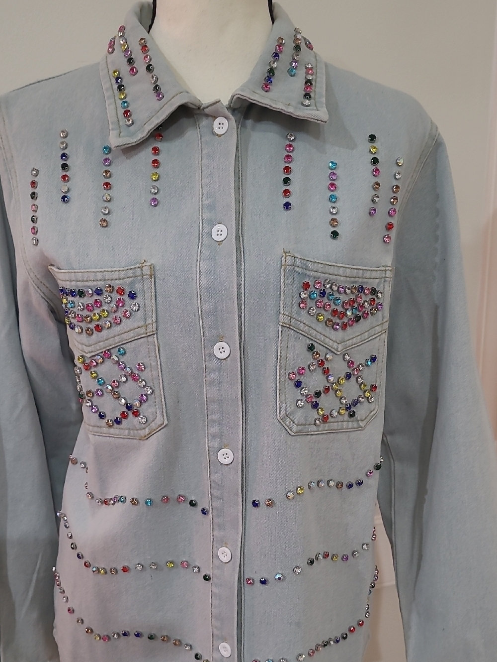 OOPS!!! Light Wash Denim Button-Up Shirt with Multicolored Rhinestones